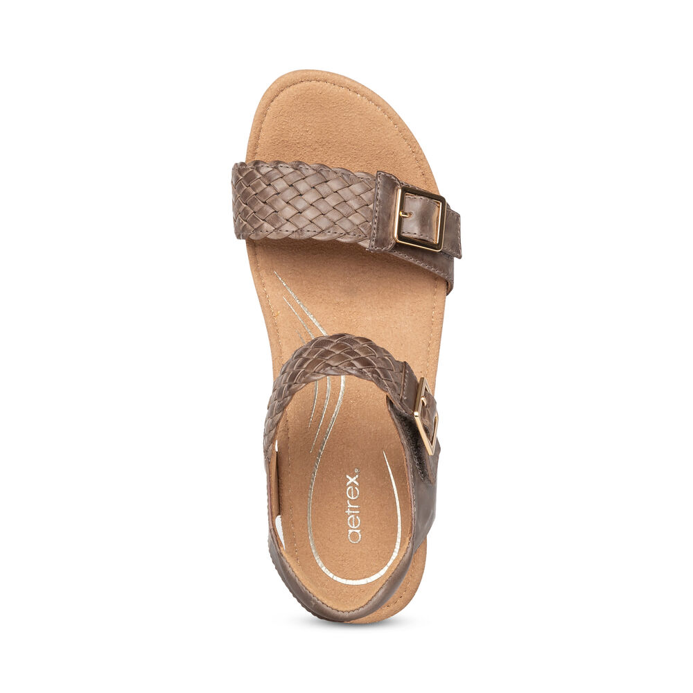 Aetrex Women's Grace Adjustable Woven Wedge Sandals - Taupe | USA O34CU9V